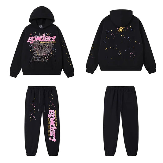SP5DER Web Graphic Pullover Hoodie and Sweatpants Matching Set - Black / Pink